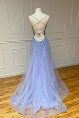 Purple tulle sequin long prom Dresses tulle formal Dresses