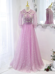 Purple Tulle Sequins Beading Short Sleeve Prom Dress