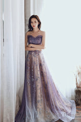 Purple Tulle Sequins Long Prom Dress, A-Line Strapless Evening Party Dress