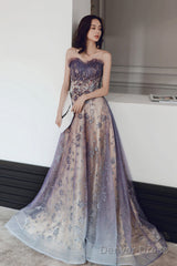 Purple Tulle Sequins Long Prom Dress, A-Line Strapless Evening Party Dress