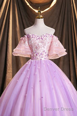 Purple Tulle Sequins Long Prom Dress, Beautiful Off The Shoulder Evening Party Dress