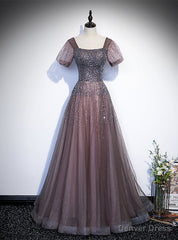 Purple Tulle Square Short Sleeve Beading Prom Dress