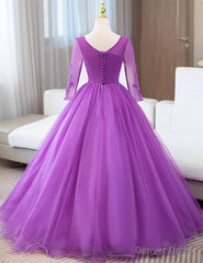 Purple Tulle with Lace Applique Long Sleeves Party Dress, Purple Tulle Prom Dress