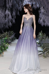 Purple V-Neck Lace Long Prom Dress, Purple Gradient Party Dress With Pockets