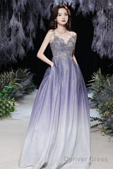 Purple V-Neck Lace Long Prom Dress, Purple Gradient Party Dress With Pockets