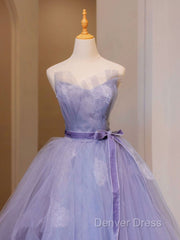 Purple V Neck Tulle Lace Long Prom Dresses, Purple Formal Sweet 16 Dresses