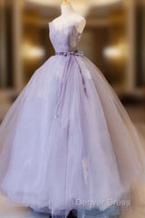 Purple V Neck Tulle Lace Long Prom Dresses, Purple Formal Sweet 16 Dresses