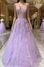 Purple v neck tulle lace long prom Dress purple lace Prom Dresses