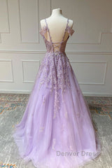 Purple v neck tulle lace long prom Dresses purple lace formal Dresses