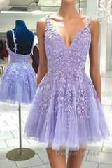 Purple v neck tulle lace short prom Dresses lace cocktail Dresses