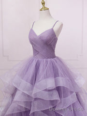 Purple V Neck Tulle Long Prom Dress, Purple Tulle Formal Party Dress