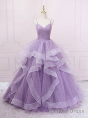 Purple V Neck Tulle Long Prom Dress, Purple Tulle Formal Party Dress