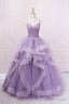 Purple V Neck Tulle Long Prom Dress, Spaghetti Straps A Line Prom Dresses