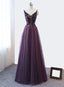 Purple V Neckline Tulle Lace Applique Prom Dress, Purple Prom Dress