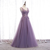 Purple V-neckline Tulle with Lace Floor Length Party Dress Evening Dress,Purple Prom Dress