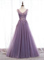 Purple V Neckline Tulle with Lace Floor Length Prom Dress Prom Dress,Purple Prom Dresses