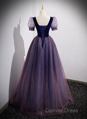 Purple Velvet And Tulle Short Sleeves Evening Dresses, Purple A-Line Formal Dresses Prom Dresses