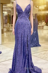 Mermaid Purples Sequins Long Prom Dresses with Slit