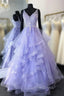 Purpler V Neck Tulle Lace Beads Long Prom Dress Tulle Prom Dresses
