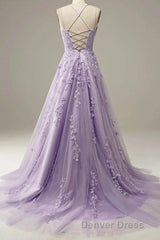 Light Purple Lace Applique A Line Spaghetti Straps Prom Dresses Evening Gown