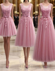 Pink Round Neck Lace Tulle Prom Dresses, Lace Evening Dresses