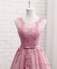 Pink Round Neck Lace Tulle Prom Dresses, Lace Evening Dresses