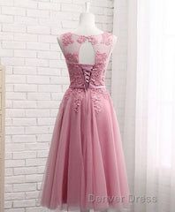 Pink Round Neck Lace Tulle Prom Dresses, Lace Evening Dresses