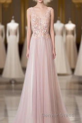 Pink V Neck Lace Long Prom Dresses, Cheap Evening Dresses