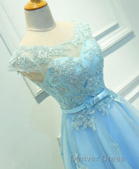 Light Blue Lace Tulle Short Prom Dresses, Homecoming Dresses
