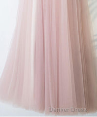 Pink V Neck Lace Long Prom Dresses, Cheap Evening Dresses