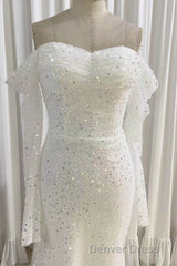 Ivory Mermaid Sequined Prom Dresses with Long Sleeves, Sparkly Long Party Dresses
