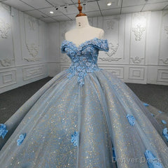 Quinceanera Blue Off-the-Shoulder Ball Gown Flower Dress