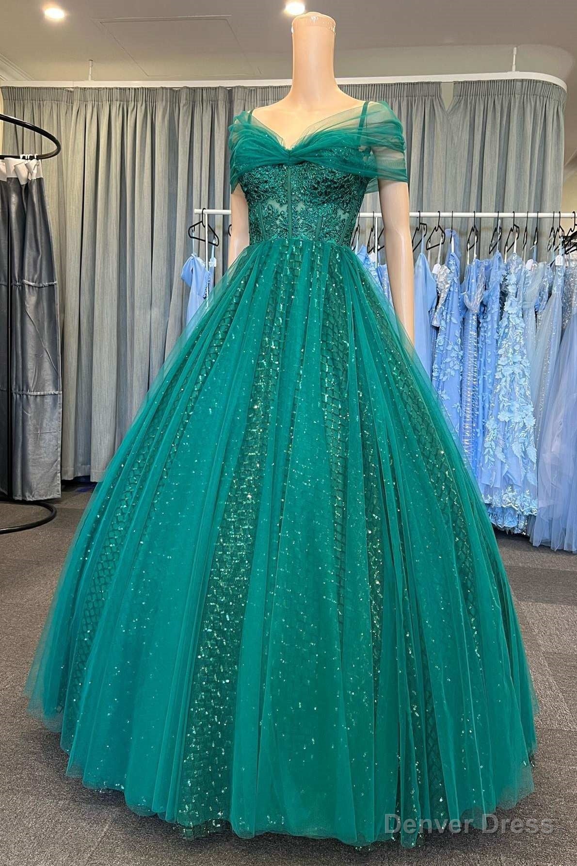 Quinceanera Dresses Glitter Emerald Green Tulle Cold Shoulder Ball Gow