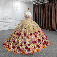 Quinceanera Flower Off-the-Shoulder Ball Gown Dress