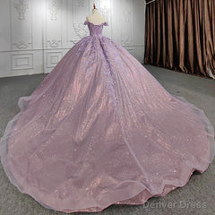 Quinceanera Purple Off-the-Shoulder Ball Gown Flower Dress
