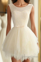 Cute A Line Tulle Round Neck Mini Prom Dresses, Cheap Evening Dresses