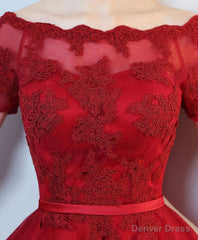 Burgundy Lace High Low Short Prom Dress, Lace Evening Dress