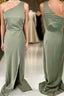 One Shoulder Green Mermaid Long Bridesmaid Dresses with Slit
