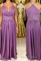 Purple Straps A-line Long Bridesmaid Dresses