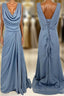 Cowl Neck Misty Blue Chiffon A Line Long Bridesmaid Dresses