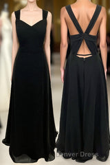 Princess Black Chiffon A-line Long Bridesmaid Dresses