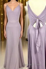 Straps Purple A-line Long Bridesmaid Dresses with Tie Back
