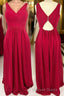 Ruched Red V Neck A Line Long Bridesmaid Dresses