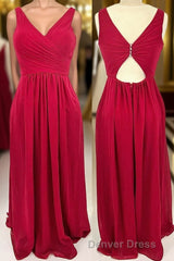 Ruched Red V Neck A-line Long Bridesmaid Dresses