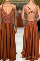 Rust Orange Lace and Chiffon A-line Long Bridesmaid Dresses