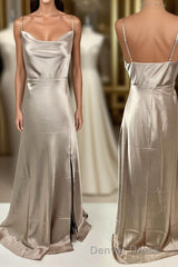 Cowl Neck Straps Long Bridesmaid Dresses with Slit