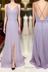 Double Straps Light Purple A-line Long Bridesmaid Dresses