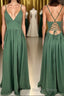 Straps Green A-line Long Formal Dresses with Lace Up Back