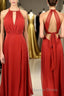 Scoop Red A Line Chiffon Long Bridesmaid Dresses with Open Back