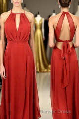 Scoop Red A-line Chiffon Long Bridesmaid Dresses with Open Back